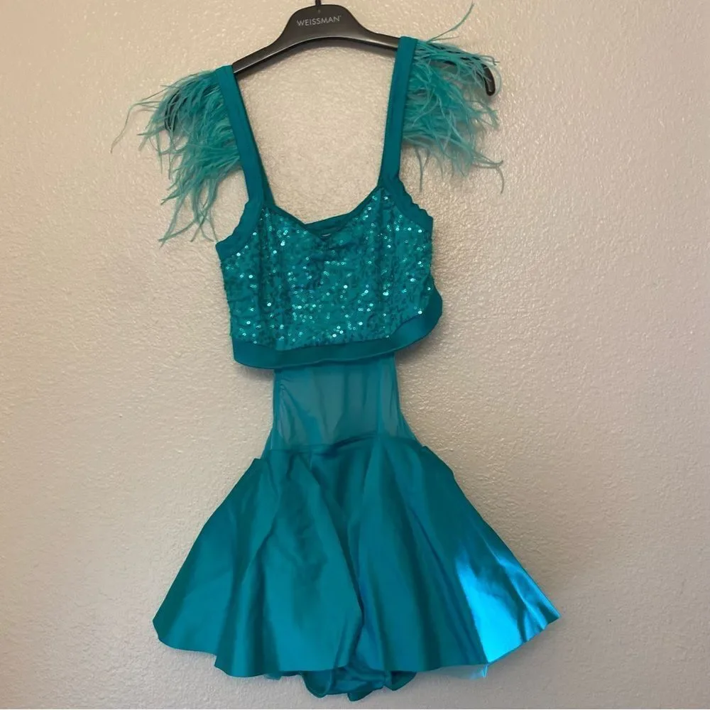 WEISSMAN Dance Costume sassy aqua blue feather Move D12545 XSA-extra small adult